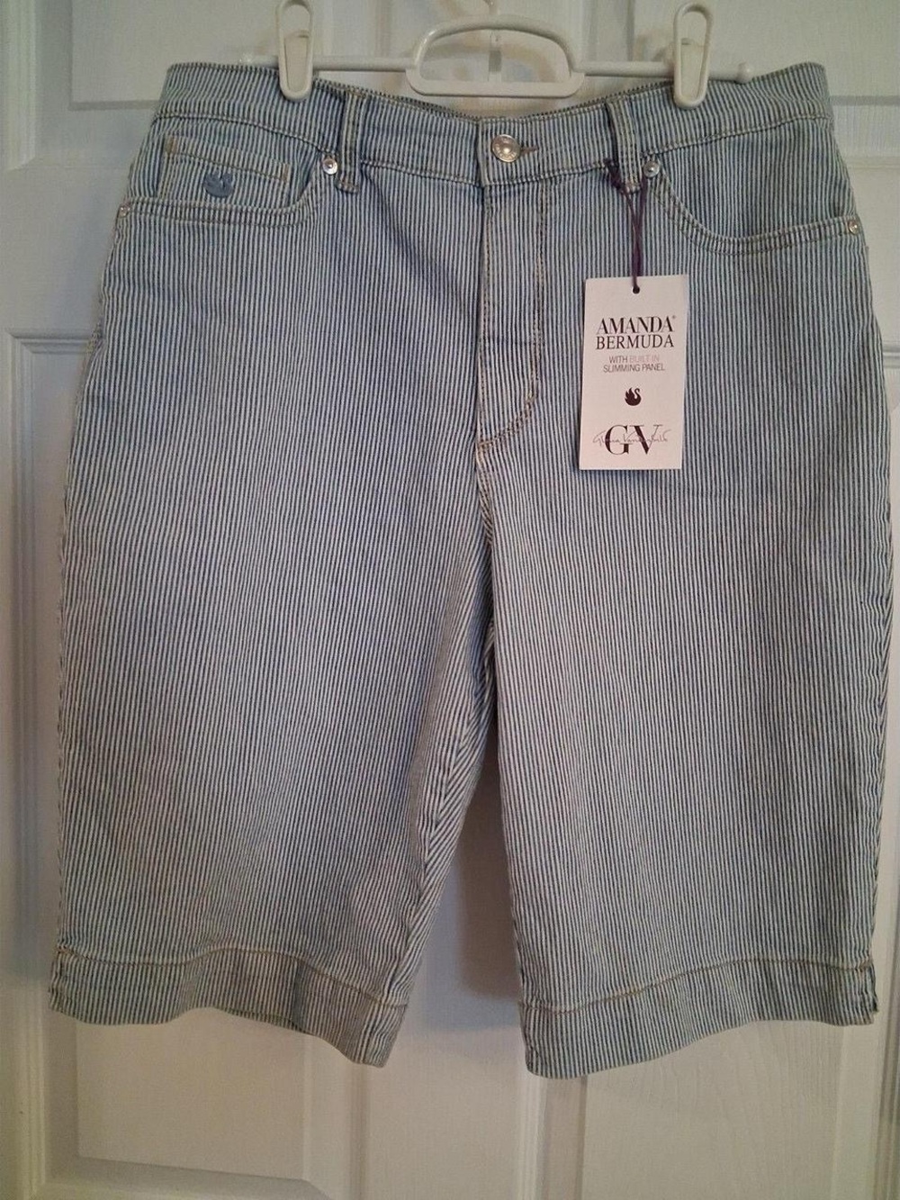 Women's Striped Cotton Bermuda Shorts - Light Blue/White Size 10